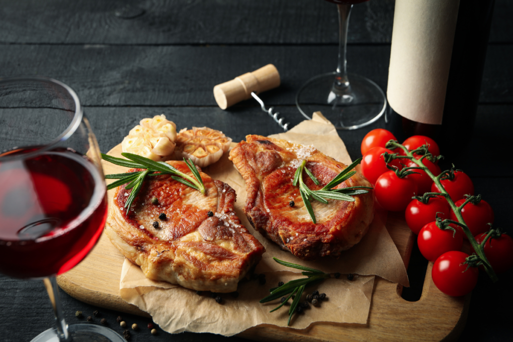 pork grill steak and wine